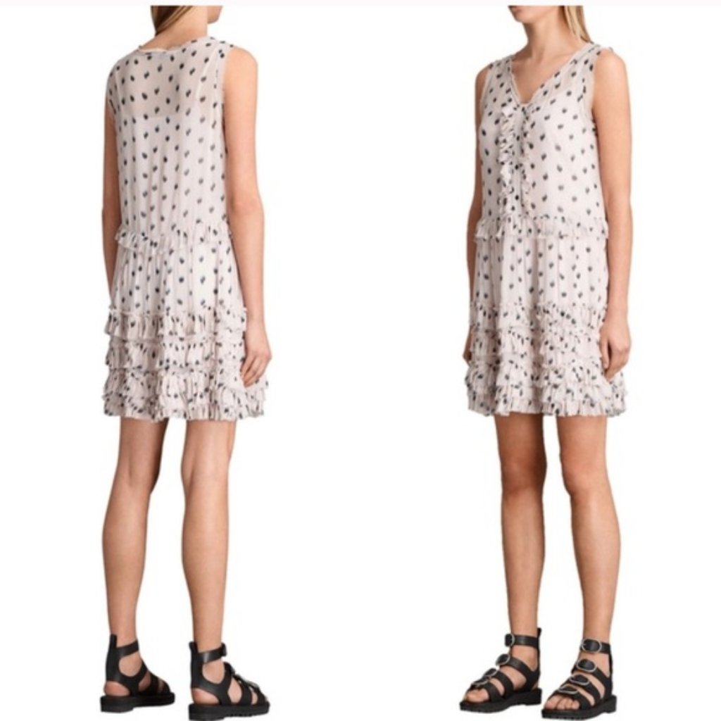 All Saints Deidre Ruffle Sheer Mini Dress Lightweight Print Fairy Ruffles Pink